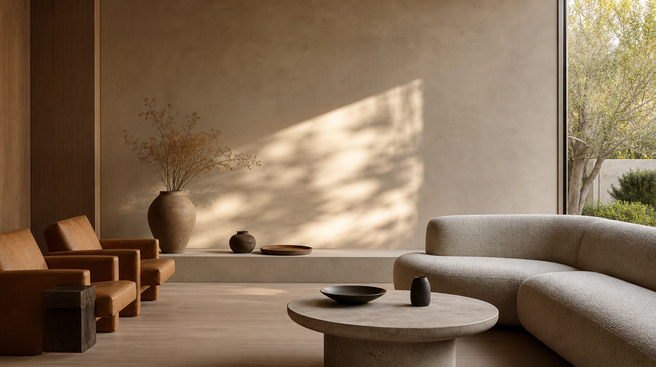 A living room feature wall finished in microcement