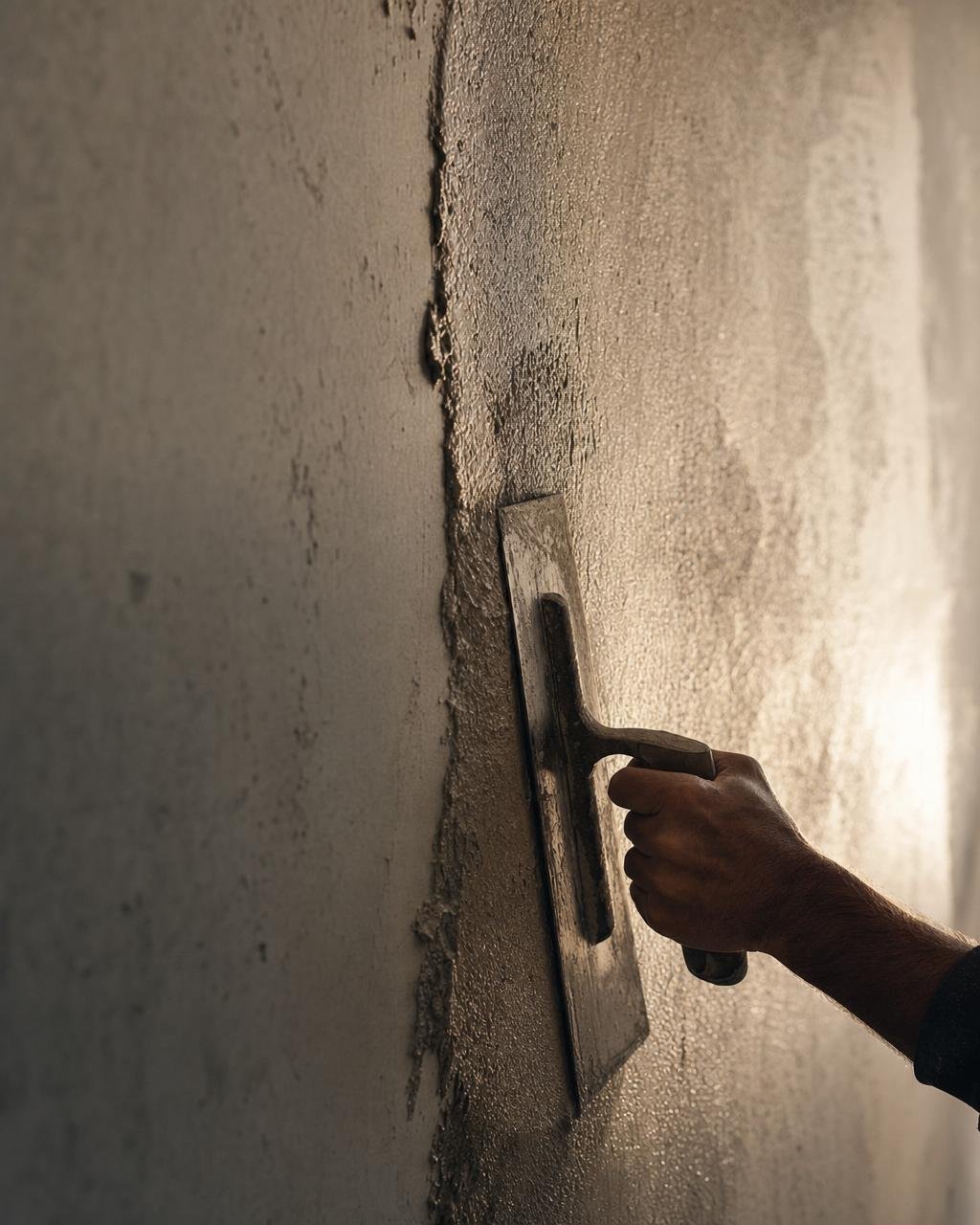 A hand working a coat of material into a coarse wall with a steel float
