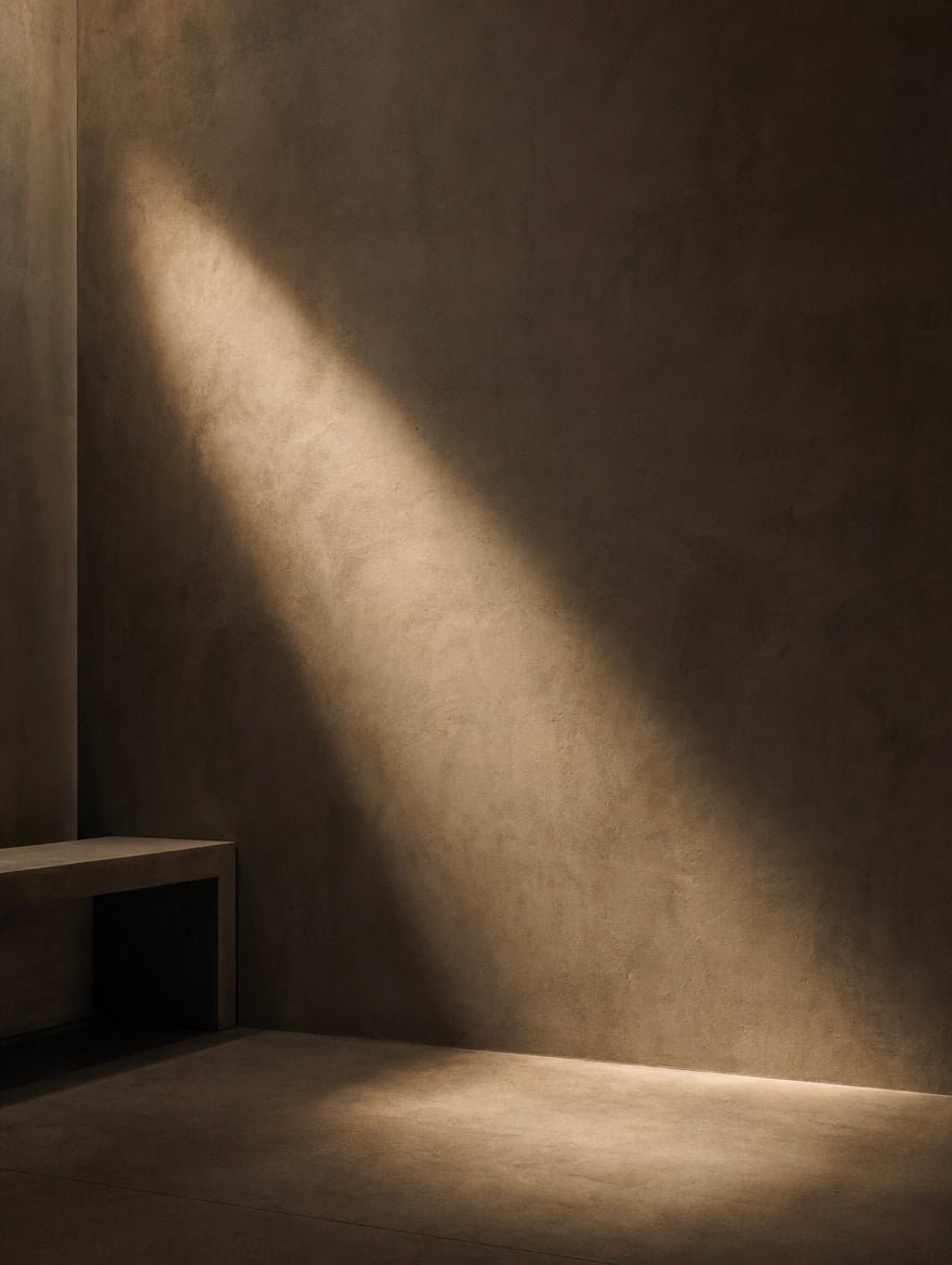 A microcement feature wall lit by a shaft of daylight