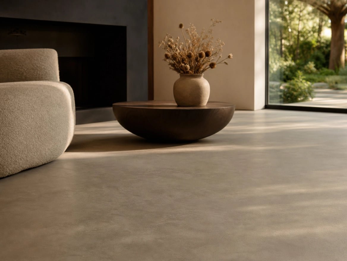 A living room with a seamless microcement floor running under the furniture